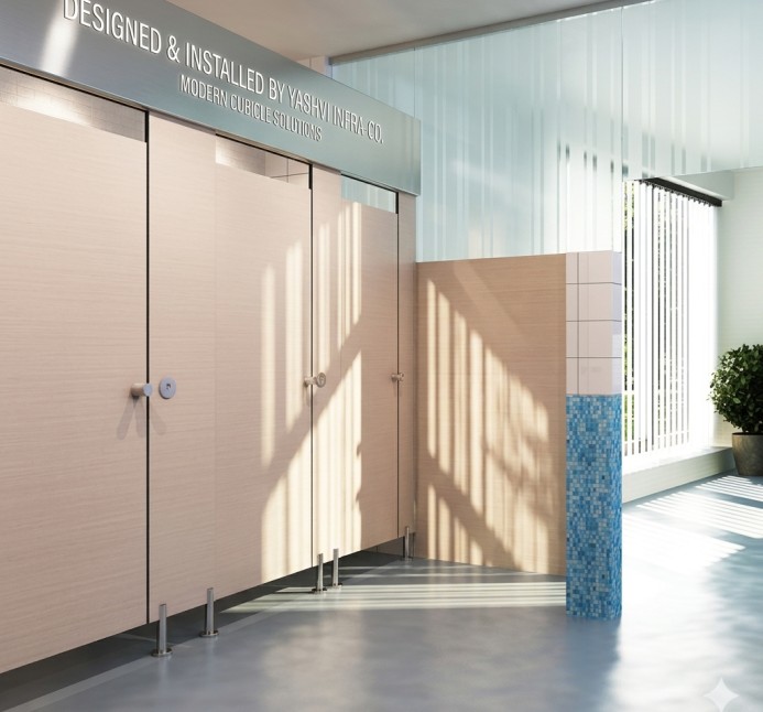 Professional HPL toilet cubicle partition installation by Yashvi Infra Co in Ahmedabad