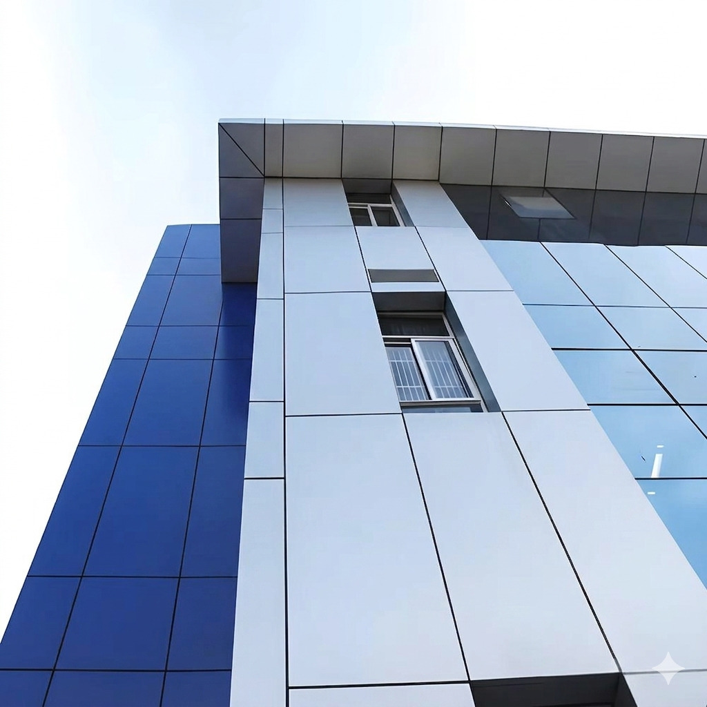 Premium ACP cladding installation on commercial building facade by Yashvi Infra Co in Ahmedabad Gujarat