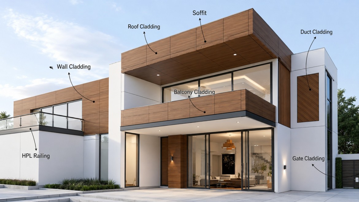 HPL high pressure laminate sheet application on commercial building exterior facade in Ahmedabad Gujarat