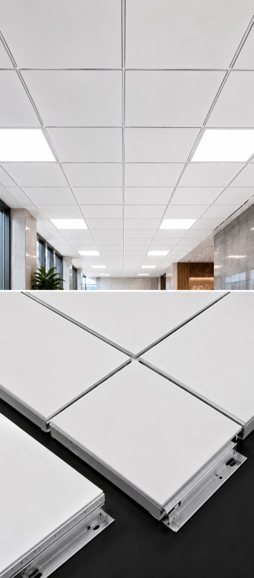 Premium clip-in ceiling tiles installed in showroom — concealed grid system Yashvi Infra Co Gujarat